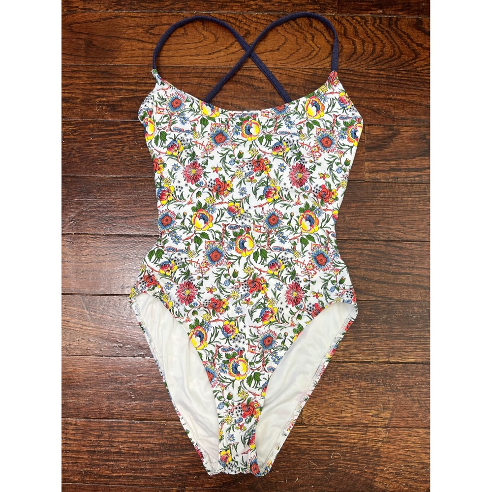 Anne Cole Studio Floral Lace Up Back One Piece Swimsuit White Blue Size 8 Medium
